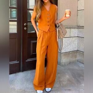 Commense Orange Buttoned Vest and Wide-Leg Pants Set